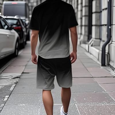 TEMU Gradient 3d Print Men's Casual Sportswear Set - Breathable Polyester Knit Fabric, Crew Neck Short Sleeve T-shirt And Shorts Combo, Regular Image