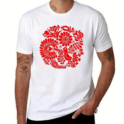 TEMU Men's Hungarian Folklore Embroidery T-shirt - Soft Cotton Bohemian Tee With Vibrant Red , , Machine Washable, Ideal Gift For Casual Wear Image