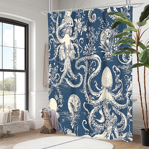 Duschvorhang mit Meerestier-Schildkröte und Haken für Badezimmer, Duschvorhang, Badezimmer-Dekor-Set, Polyester, wasserdicht, 12 Stück, Kunststoffhaken Image