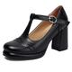 Gicoiz T Strap Mary Jane Ladies Block Heel Platform Pumps Round Toe Wedding Buckle Party Shoes Chunky High Heeled Black Size 0.5-32
