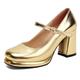 Gicoiz T Strap Mary Jane Ladies Block Heel Platform Pumps Round Toe Wedding Buckle Party Shoes Chunky High Heeled Gold Size 4-37