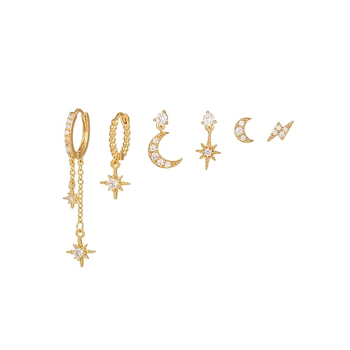 Set di orecchini spaiati da donna con stella e luna placcati in oro: graziosi orecchini pendenti e a bottone con zirconi celesti per feste alla moda, regali e abbigliamento quotidiano