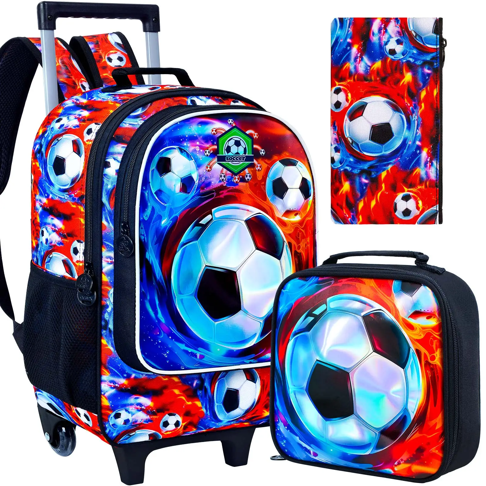 Sac à dos à roulettes pour garçons, cartable à roulettes pour enfants, sac d'école primaire à roulettes avec sac à lunch, football, 3 pièces