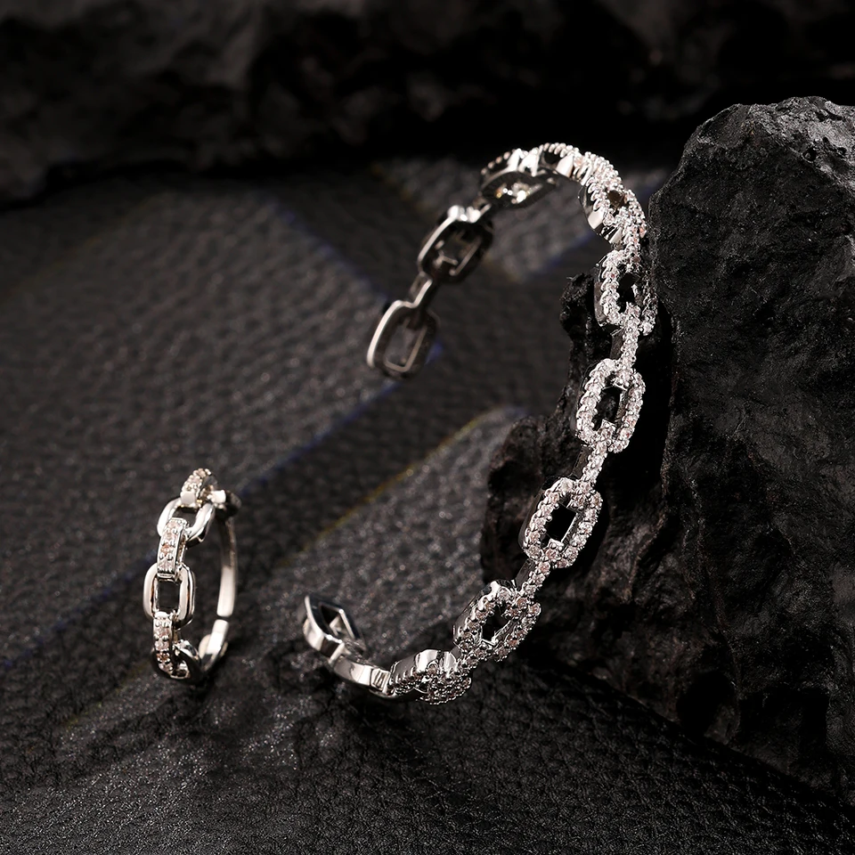 Klassischer geometrischer Zirkon-Intarsien-offener Armband-Ring für Damen und Herren, personalisierbar, silberfarben, goldfarben, Metall, Party, Alltag, Schmuck Image