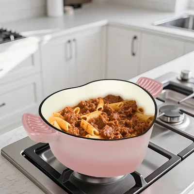 Heart-shaped Cast Iron Enameled Dutch Oven Pot with Lid, Dual Handle for All Stoves,Oven Safe to 500°F, 2-Quart, Pink