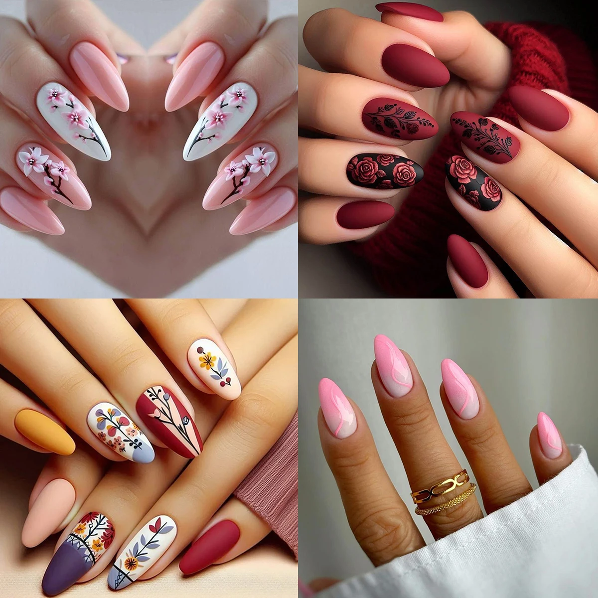 4 Packungen/96/24 Stück Mandel-Nägel zum Aufdrücken: Rosa Blumen/Rot, matt/schwarze Rosen/Sonnenuntergang. Abnehmbar mit 4 Dateien und 4 Gel-Pads. Image