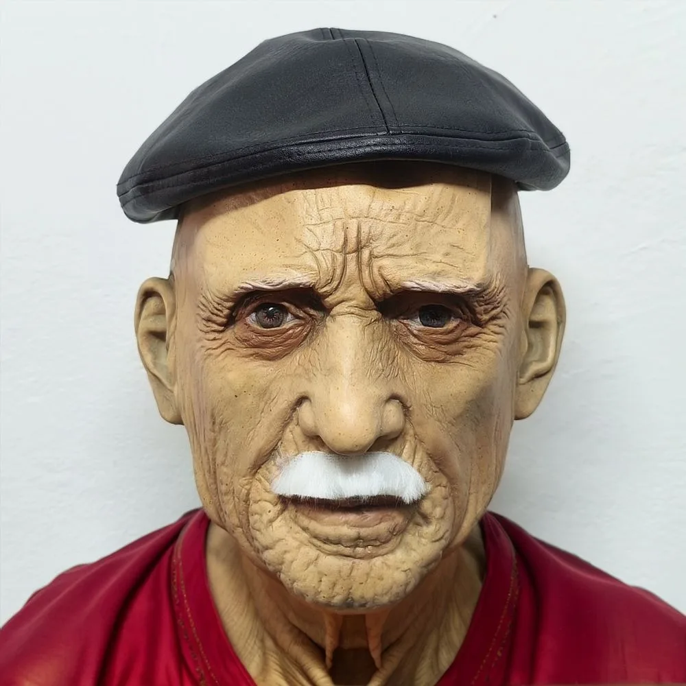 Männer realistische alte Mann Gesichtsmaske mit Baskenmütze Hut Halloween Kostüm Zubehör PU Leder Bart Mode Erwachsene Cosplay Gummi Maske Image