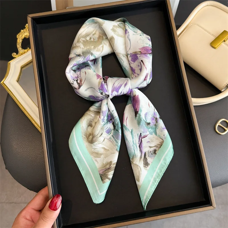 70*70cm frauen Quadrat Schal Weiche Satin Blumen Druck Wrap Foulard Halstuch Bandanas Haar Dünne Krawatte Hijab schals Image