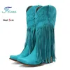 Retro Frauen Western Cowgirl Stiefel Spitz Klobigen High Heels 5CM Cowboy Quaste Schuhe Für Frau Mid-kalb Stiefel Große Größe 34-45
