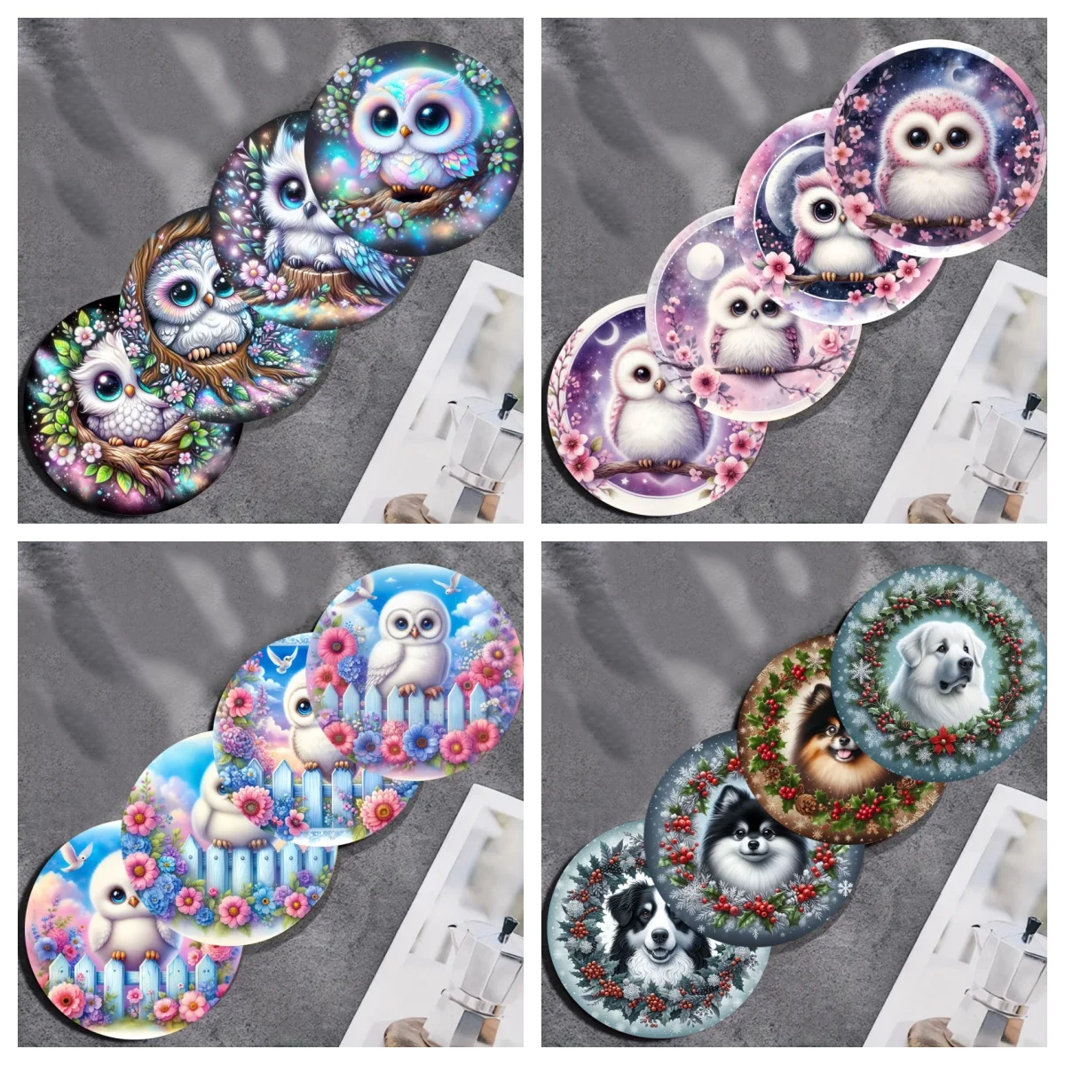 4 runde Untersetzer aus Holz mit bunten Eulenmustern eignen sich zum Dekorieren von Thanksgiving- und Halloween-Events Image