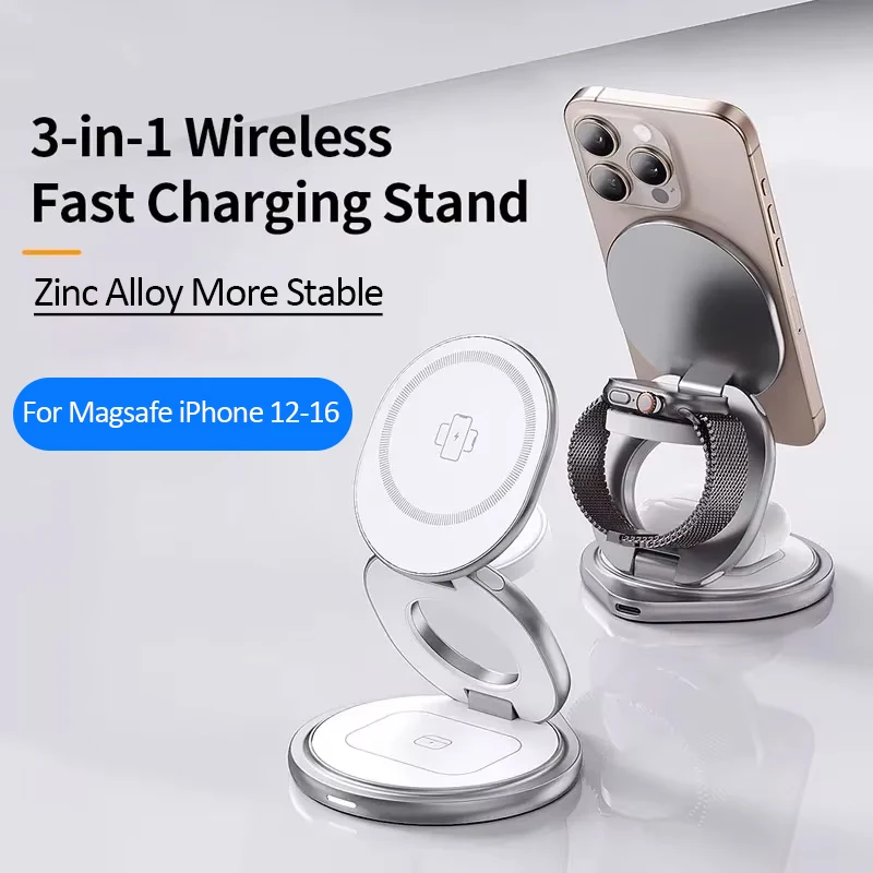 Tragbarer magnetischer Zinklegierungs-Reise-Schnellladeständer für kabelloses Magsafe iPhone 16 15 14 13 12 Apple Watch 9 8 Airpods Pro Image