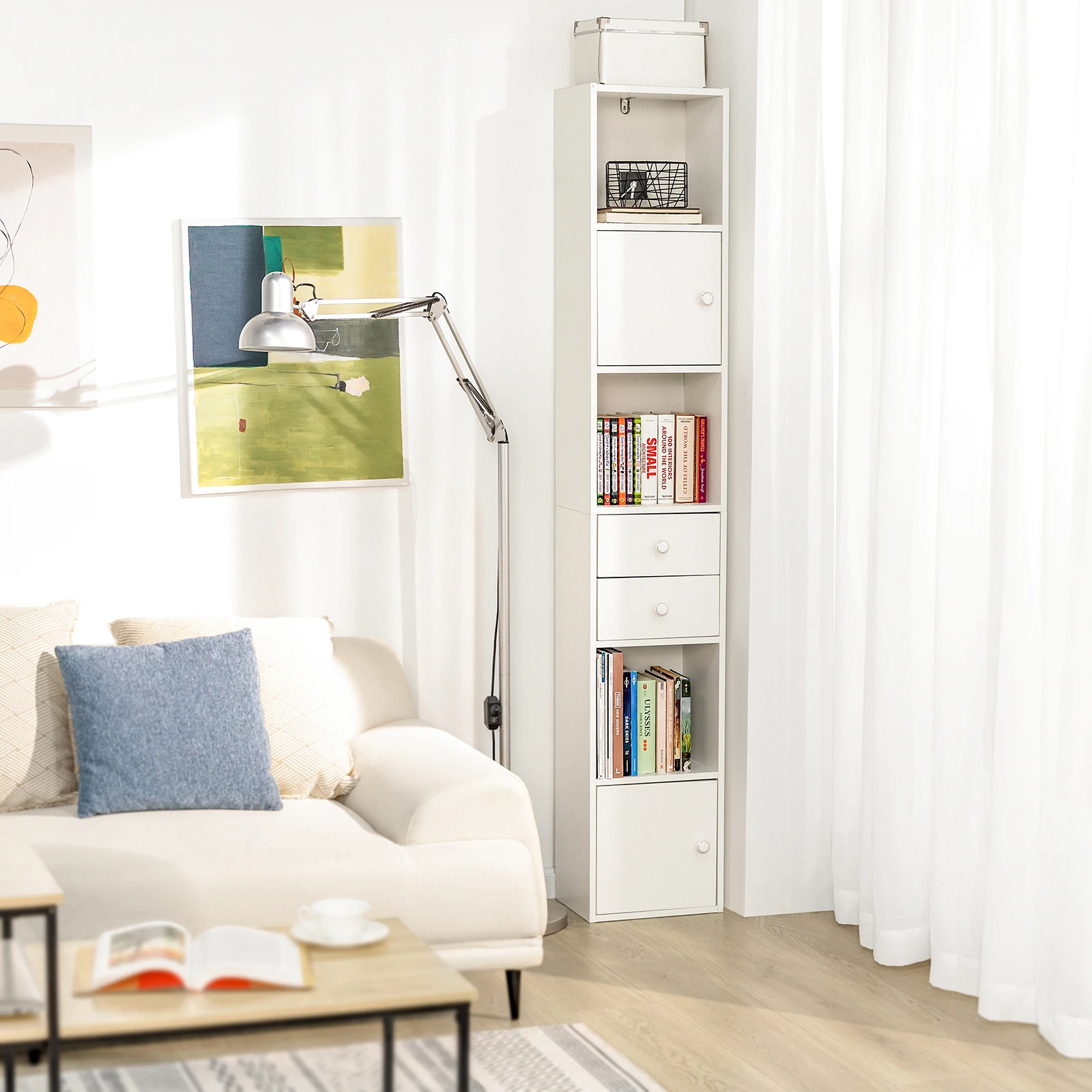 SoBuy STR10-W Bücherregal mit Schubladen Bücherschrank Standregal Aufbewahrungsregal Büroregal Aktenschrank Hochschrank