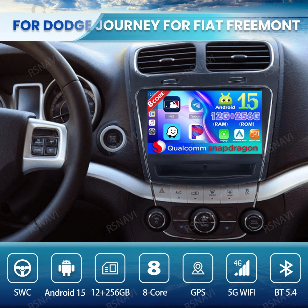 Android 15 Autoradio Per Dodge Journey Per Fiat Freemont Stereo QLED Autoradio DVD di Navigazione BT Qualcomm 5G WIFI GPS 4G LTE