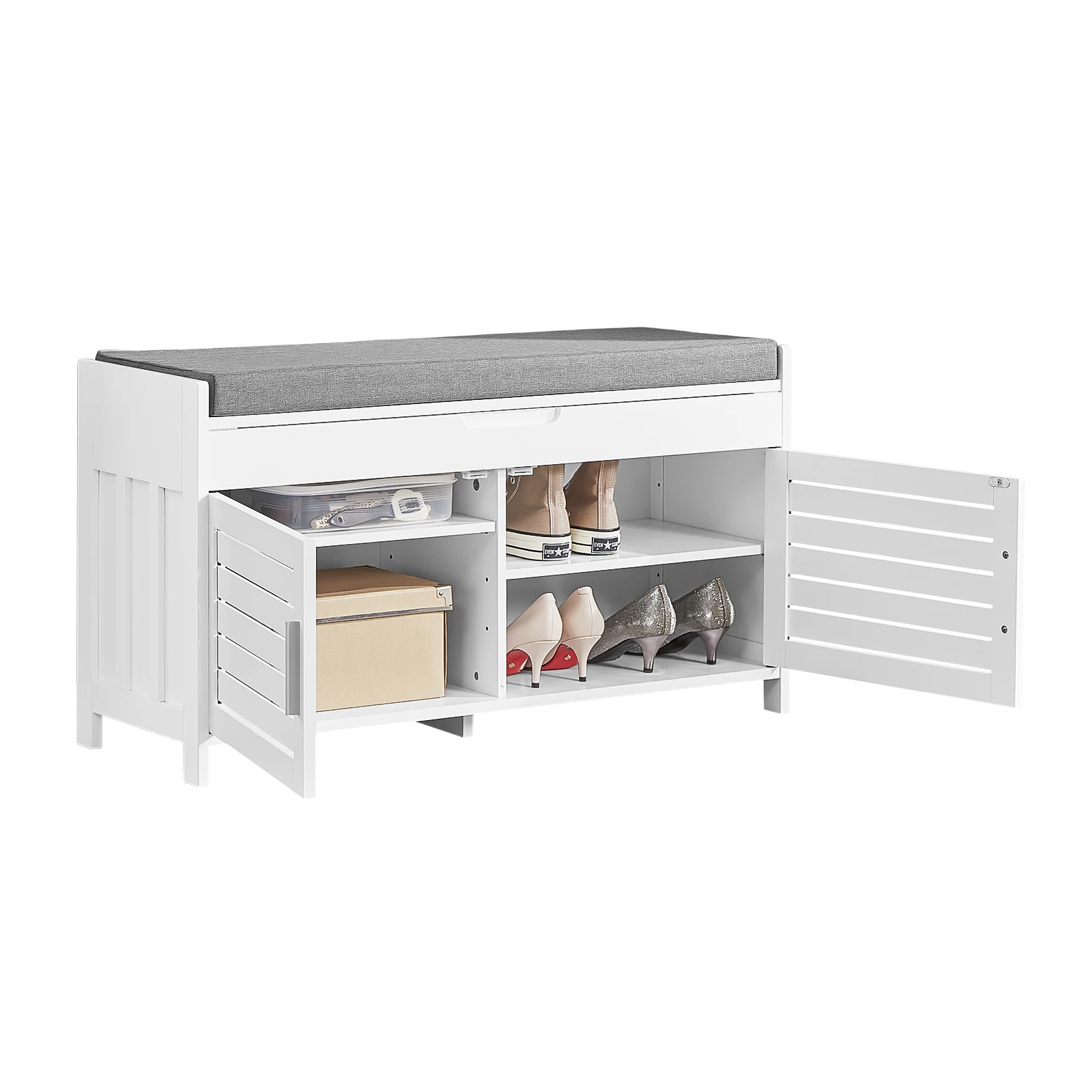 SoBuy FSR102-W Sitzbank mit 2 Türen Schuhbank mit Stauraum Garderobenbank Truhenbank Schuhtruhe Dielenbank