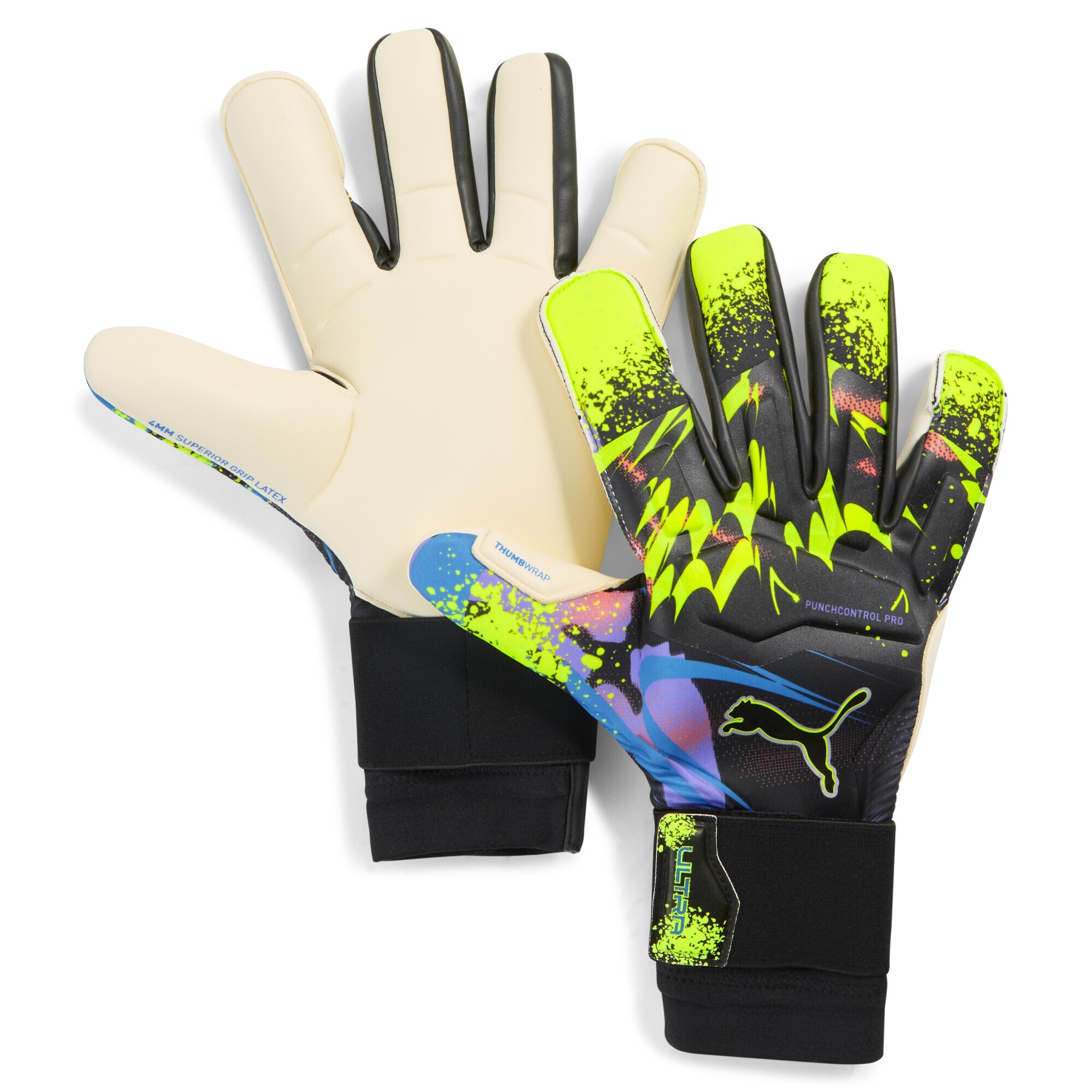 Torwarthandschuhe PUMA "ULTRA Ultimate TEASER Hybrid Torwarthandschuhe Unisex", Damen, Gr. 9, gelb (schwarz luminous lila lime squeeze gelb), 76% Latex, 23% PES, 1% PU, Handschuhe Image