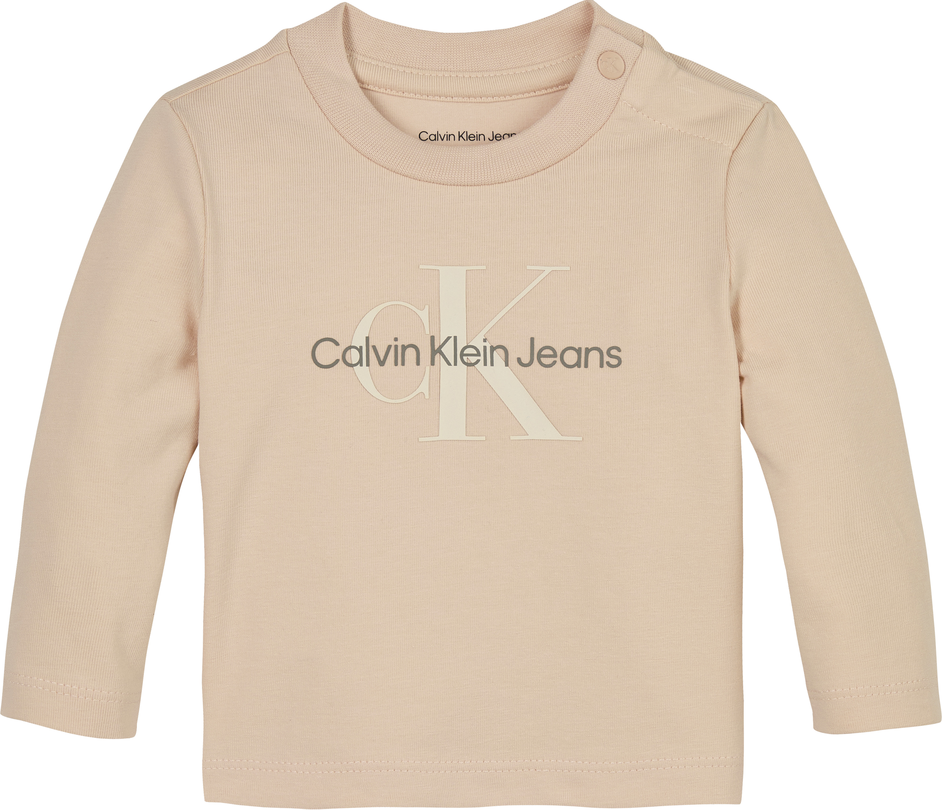 Langarmshirt CALVIN KLEIN JEANS "MONOGRAM LS T-SHIRT", Mädchen, Gr. 98, spanish villa, Jersey, Obermaterial: 93% Baumwolle, 7% Elasthan, unifarben, regular fit hüftlang, Rundhals, Shirts, für Babys bis 2 Jahre, mit großem Druck