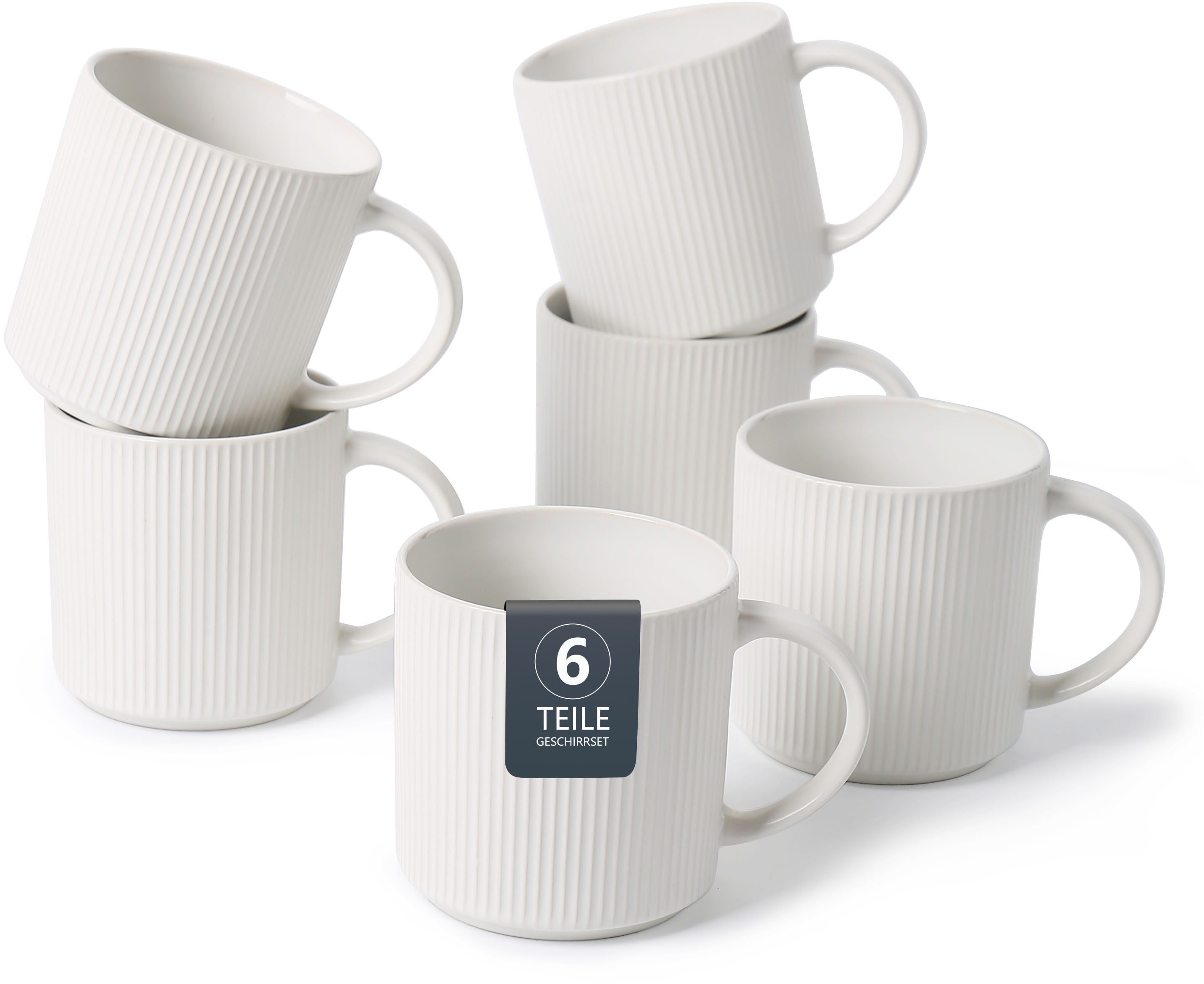 Becher OTTO HOME "Kaffeebecher Ylvii, 6er Set", weiß (reactive weiß), H:9,8cm Ø:9,4cm, Steinzeug, Trinkgefäße, Becher, spülmaschinenfest und mikrowellengeeignet, 460 ml