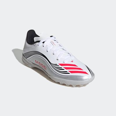 Fußballschuh ADIDAS PERFORMANCE "F50 MESSI LEAGUE KIDS TF", Gr. 35, cloud weiß, lucid rot, silber metallic, Synthetik, sportlich, Schuhe, geeignet für harte Untergründe Asche und Kunstrasen Image