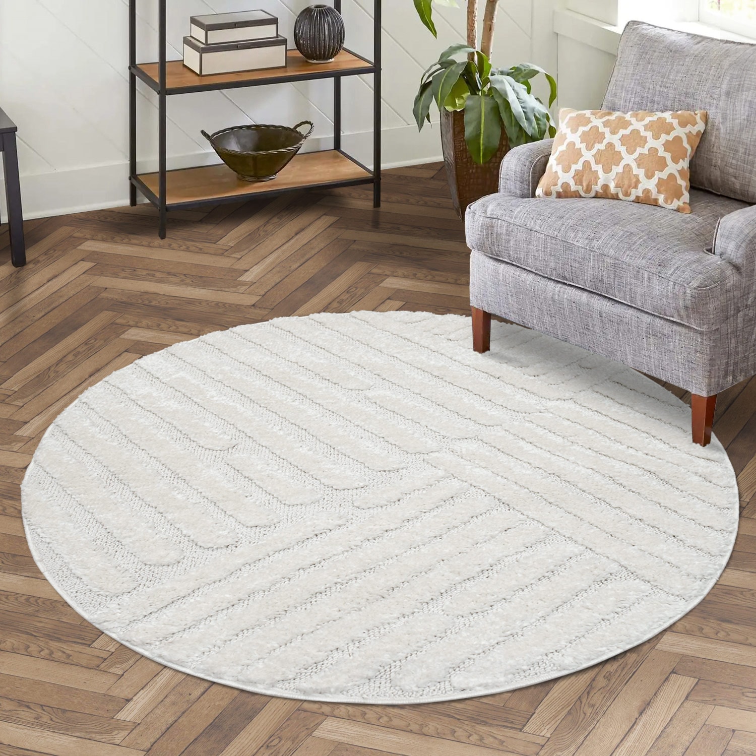 Hochflor-Teppich CARPET CITY "FOCUS749", beige (creme), H:20mm Ø:120cm, Obermaterial: 100% Polypropylen, Teppiche, Boho-Teppich, Hochtief-Muster/ 3D-Effekt, für Wohnzimmer, Schlafzimmer Image