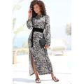 Maxikleid LASCANA, Damen, Gr. 46, N-Gr, creme, graublau bedruckt, Jersey, Obermaterial: 100% Viskose, bedruckt, modisch, figurumspielend knöchellang, Rundhals, Langarm gesmokt, Kleider, mit seitlichem Schlitz, Jerseykleid im Alloverprint