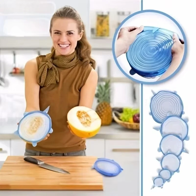 Juste en silicone réutilisable et durable pour les restes d'aliments frais, bol de batterie de cuisine lavable, conservation des aliments au micro-ondes, 6 pièces