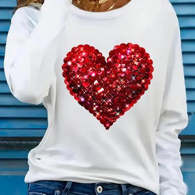 TEMU Women's Casual Short Sleeve Crew Neck T-shirt - Red Rhinestone Heart Print, Stretchy Polyester-spandex Blend, Regular -season Top, Machine Washable Image
