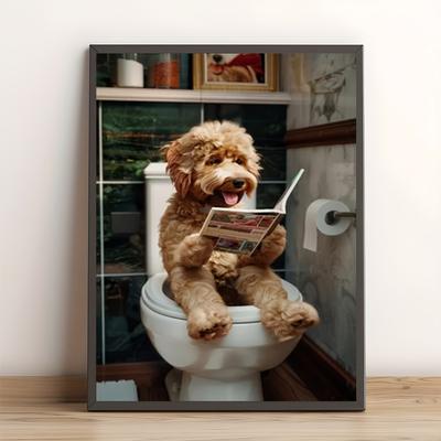TEMU Room Decor 1pc, Dog Reading On Toilet Canvas Art Print, 12x16 Inches , Quirky Bathroom Decor For Home, Office, , ' Novelty Wall Art Image