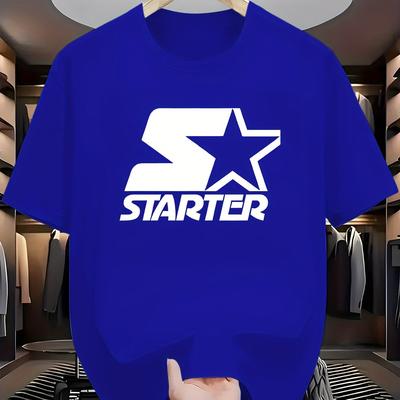 "TEMU Men's Casual Graphic T-shirt With "starter" Lettering & - Brown With White Print, Lightweight Summer Round Neck Tee, Regular Fit, Machine Washable, Comfortable Fabric" Image