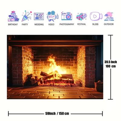 TEMU 1pc Realistic Fireplace Backdrop With Flaming Wood, Polyester Rectangular Scene For Winter Christmas Party, Bbqs, Photo Booth Props, Decoration Image