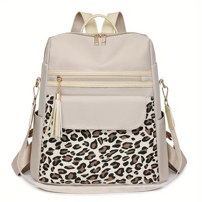 TEMU Stylish Leopard Print Backpack With Golden Zippers - Large Capacity Casual Travel Bag With Multiple Pockets, Adjustable Shoulder Straps, And Polyester Lining For Students And Image