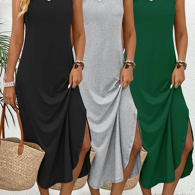 TEMU 3 Piece Summer Casual Design Dress, Women' Color Vest Dress, Soft Fabric, Fresh And Versatile Image