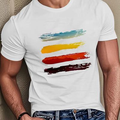 TEMU Men's Casual Summer Tee - Soft, Comfortable, Breathable -shirt With Colorful Horizontal Stripe Print, Round Neck, Adults, Casual Wear Tee | Vibrant Print Tee | Tee Image
