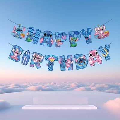 TEMU Stitch Birthday Banner - Colorful Party Decoration With Cartoon Characters, Paper Garland For Birthdays, Weddings, And , Birthday Party Decoration Image