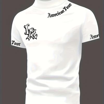 TEMU 2025 's Casual Short Sleeve High Neck T-shirt With Monogram Letter Print, Breathable Fabric, Machine Washable, Regular Fit For Daily Home & Casual Wear, Everyday , Soft Fabric Tee Image