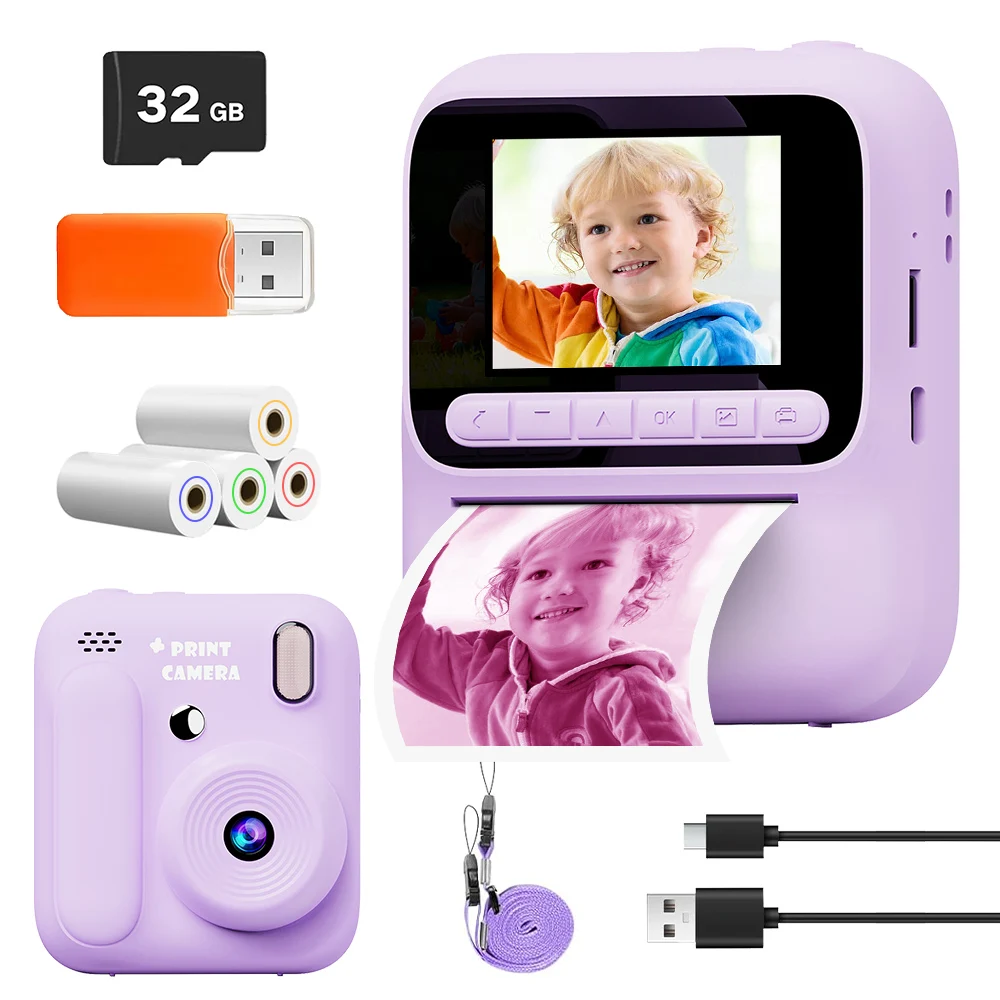 Neue Kinder-Sofort-Digitalkamera, 2,4-Zoll-IPS-Bildschirm, 8-facher Zoom, Mini-Einfarbdruckkamera für Kinder von 3–12 Jahren, Geburtstagsgeschenke Image