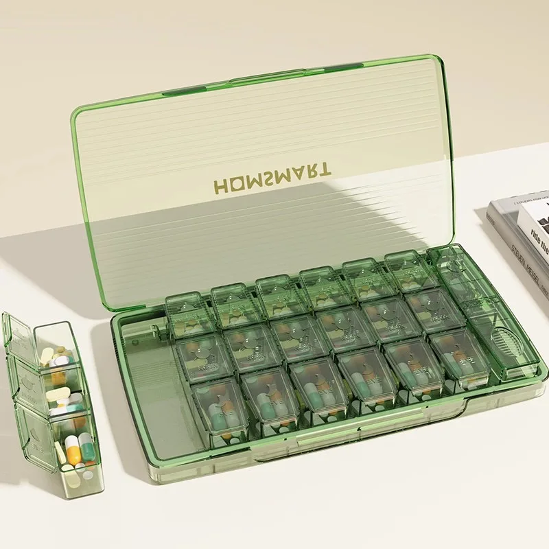 1-7-Tage-Verteilerkasten für Medikamente-ausgestattet mit 7 Stück 21 Gitter-Medikamenten boxen und einem Medikamenten schneider Image