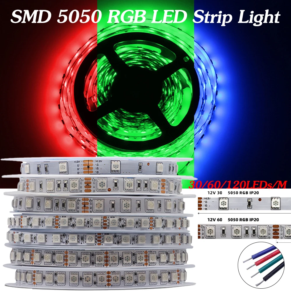 DC12V RGB-LED-Lichtleiste, 5 m, eine Rolle, SMD5050, 30/60 LED/M, IP65, wasserdicht, unter dem Schrank, Licht für Zimmer, Küche, Dekor, TV-Hintergrundbeleuchtung
