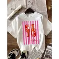 T-shirt stampata alla moda Camicia estiva casual a maniche corte da donna T-shirt girocollo selvaggia T-shirt elastica morbida e comoda allentata