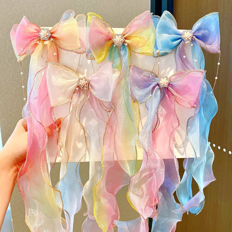 Neue Mädchen Nette Bunte Chiffon Bogen Band Haarnadeln Kinder Süße Haar Schmücken Stirnband Haar Clips Mode Haar Zubehör Image