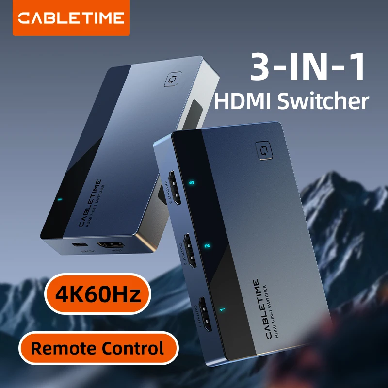 CABLETIME 3-in-1-HDMI-Umschalter 4K 60 Hz HDMI-Splitter für HDTV Xiaomi Mi Box PS5 3-in-1-Ausgang HDMI-Schalter für Laptop MacBook Image