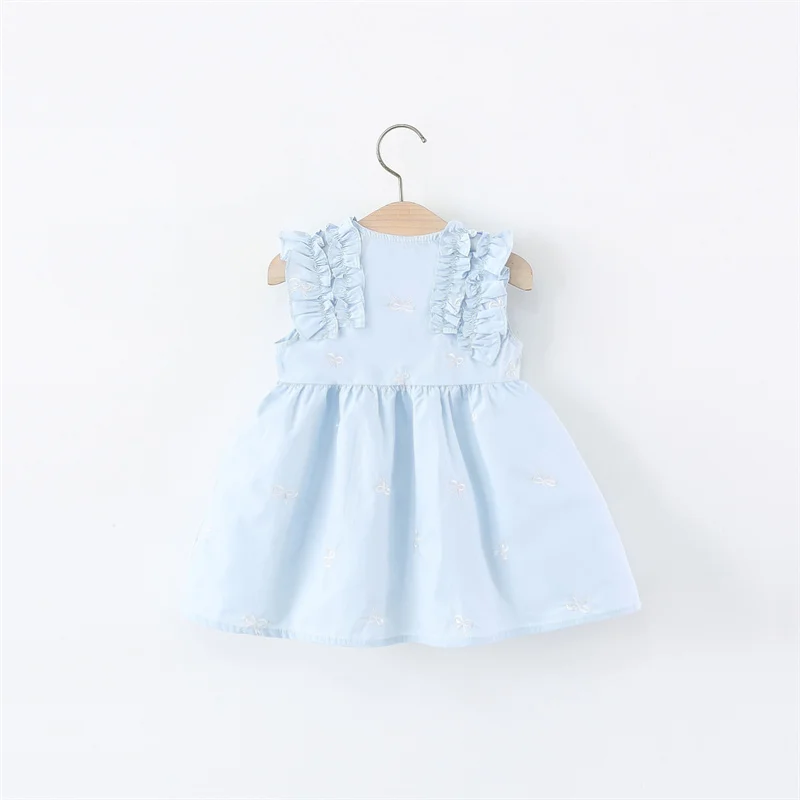 Kleinkinder Blau Weiches Kleid Mode Kinder Kostüm Baby Mädchen Sommer Täglich Kleidung 0-4 Jahre Alt Süße Bögen Kinder ärmellose Kleidung Image