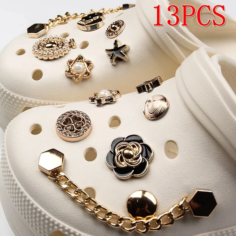 13PCS Applikation Metall Zehensets Schuh Charms Metallic Gläser Zubehör Schuhe Sandale Blumen Hexagramm Ornament für Mädchen Frauen Schuhe