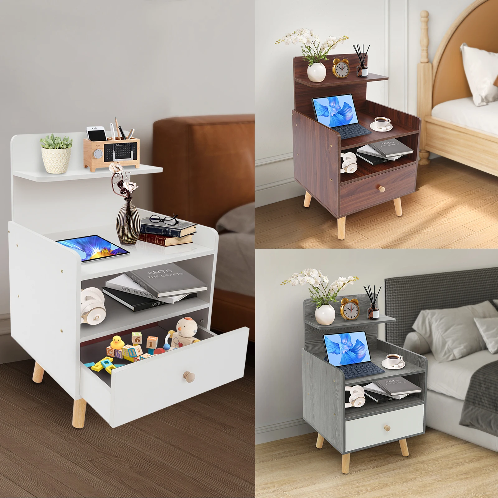 Weiß/Grau/Walnussfarbener Beistelltisch, bodenstehender Nachttisch, schmaler Beistelltisch für kleine Räume zur Aufbewahrung von Kosmetika und Büchern Image