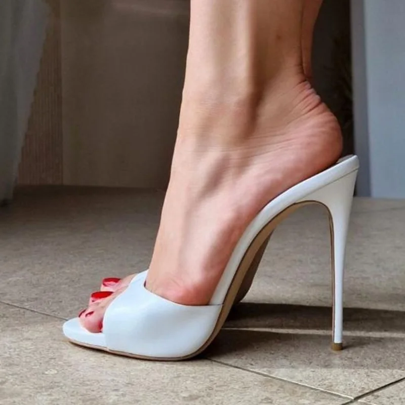 Mode Runde Kappe PU Leder High Heel Pantoletten Schuhe Schwarz Weiß Slip Auf Hohl Frauen Sommer Hausschuhe Große Größe 45