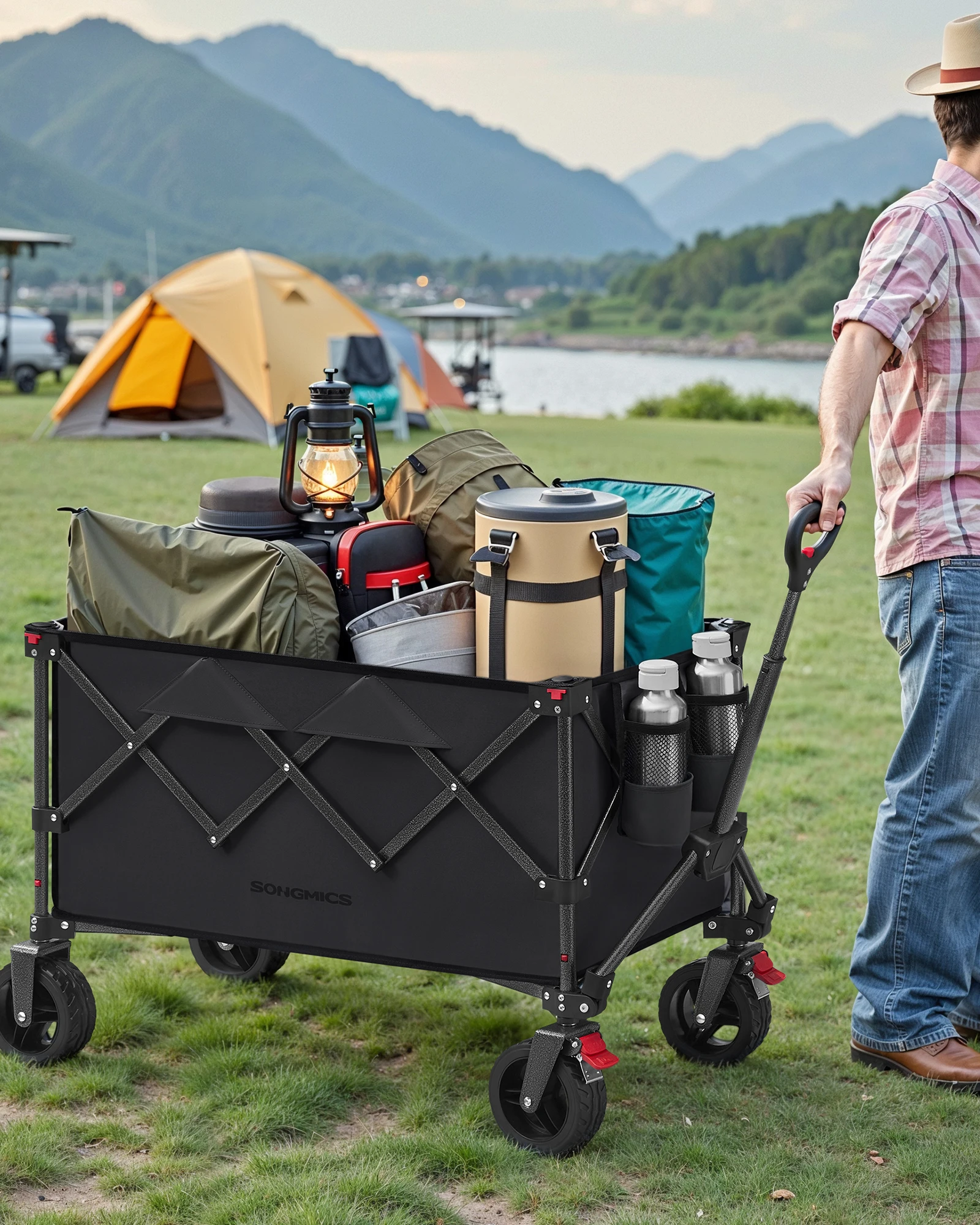 SONGMICS Handwagen faltbar, Bollerwagen,150 L,bis 150 kg belastbar,Gartenwagen,4 abnehmbaren Rollen, platzsparend, Outdoor