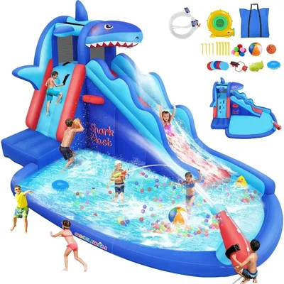 Water Bounce House with Slide, Inflatable Water Slides for Kids Backyard for Kids 3-12,Shark Blast