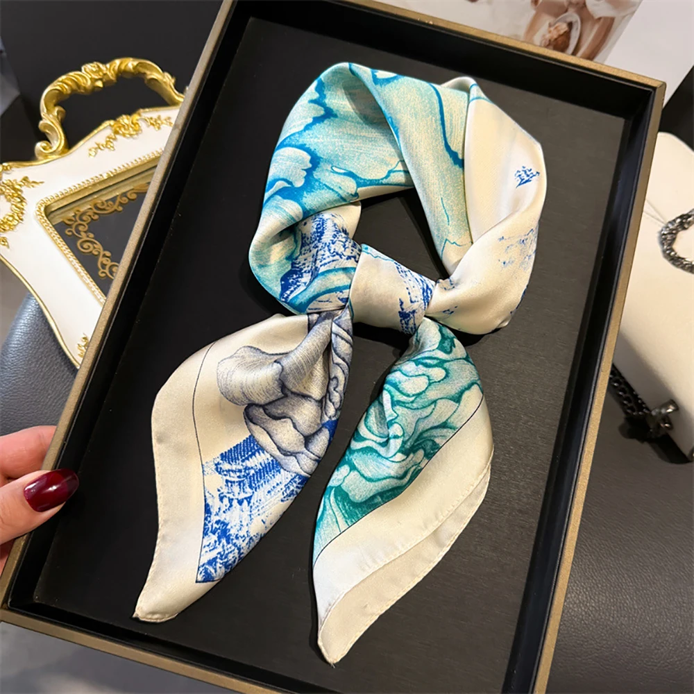 Luxus Floral Print Quadrat Schal Frauen Hijab Haar Bands Halstuch Weibliche Satin Schal Band Stirnband Mode Wraps Bandana Image