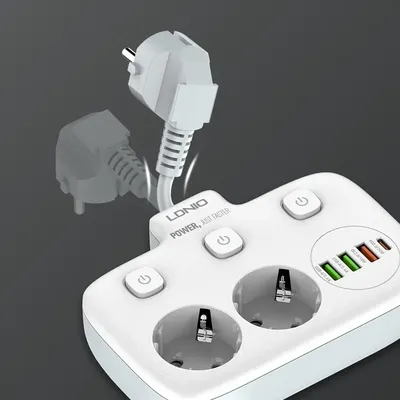EU-Stecker-Steckdosenleiste, 2 Steckdosen mit 3 USB-Anschlüssen, 1 Typ-C-Anschluss, Steckdose, universelle Steckdose, Heimbüro-Adapter, Überspannungsschutz Image