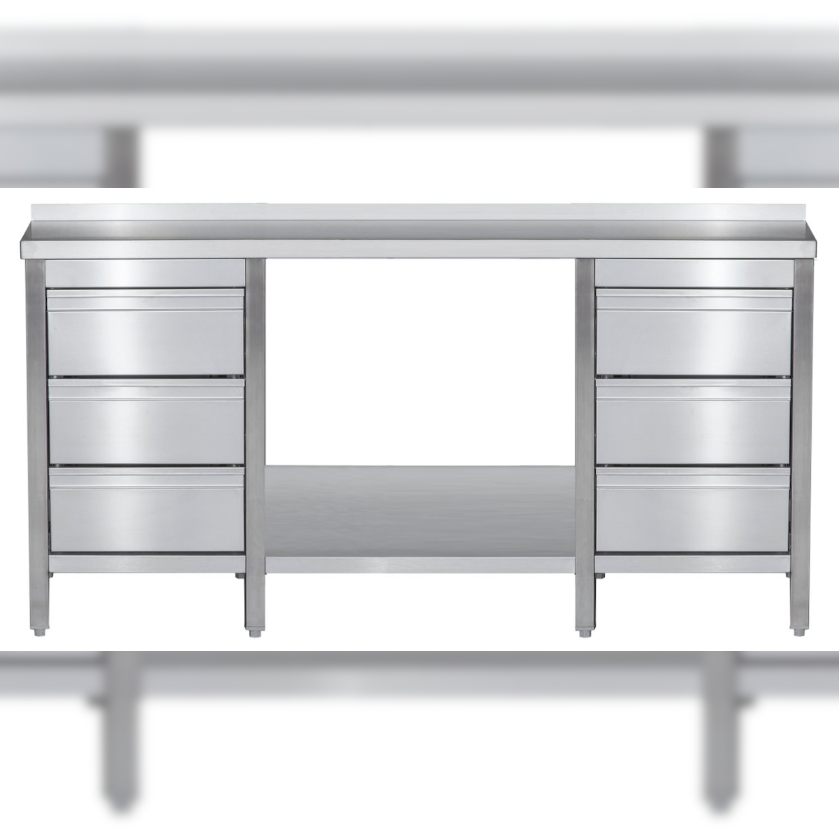 A&S Gastro Edelstahl Arbeitstisch mit Aufkantung und Schubladenblock links & rechts verschweißt Bautiefe 800mm mit Grundboden AISI 304 Image