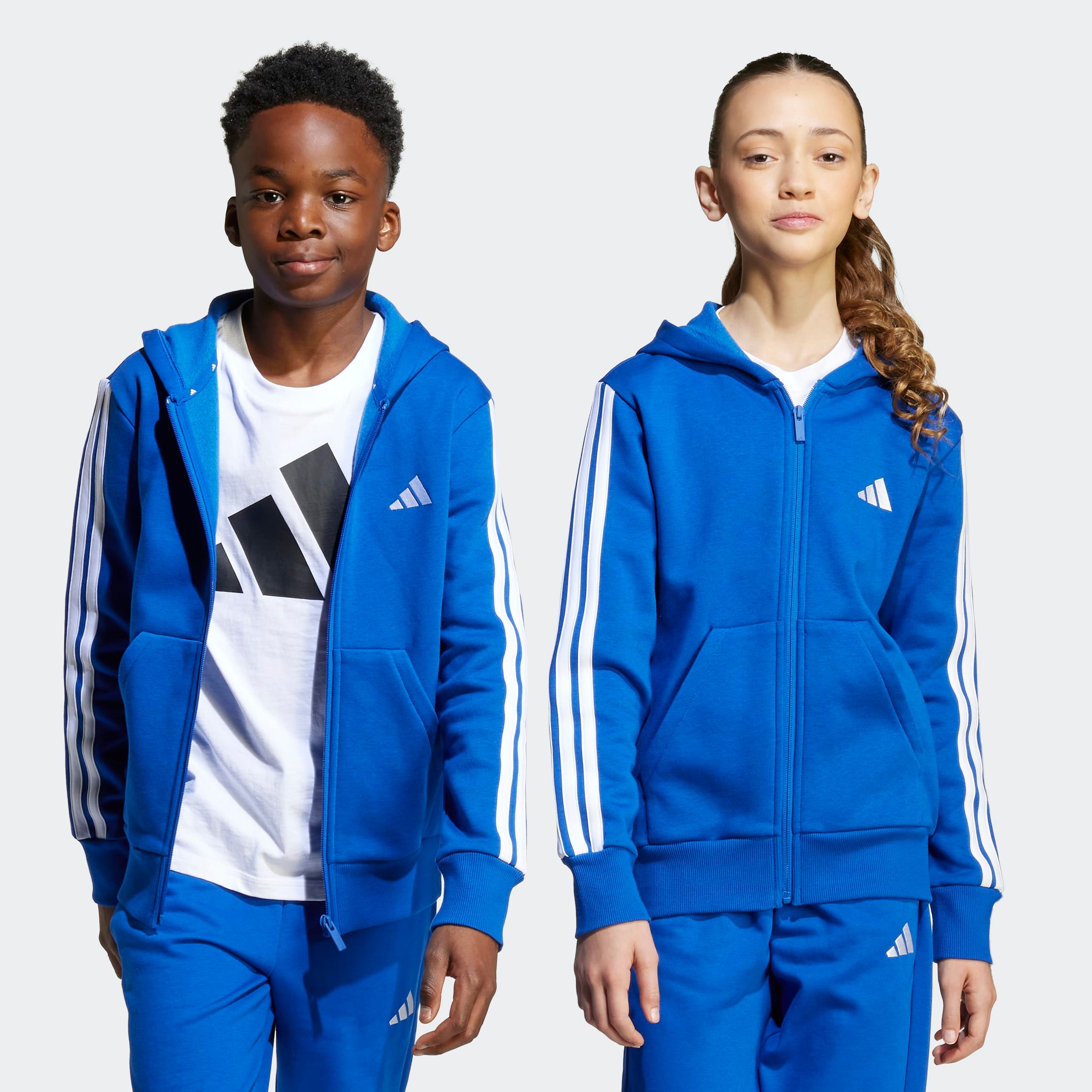 Kapuzensweatshirt ADIDAS SPORTSWEAR "J 3S FL FZ HD", Kinder, Gr. 164, blau (royal blau, weiß), Obermaterial: 55% Baumwolle, 36% Polyester, 9% Viskose, Sweatshirts Image
